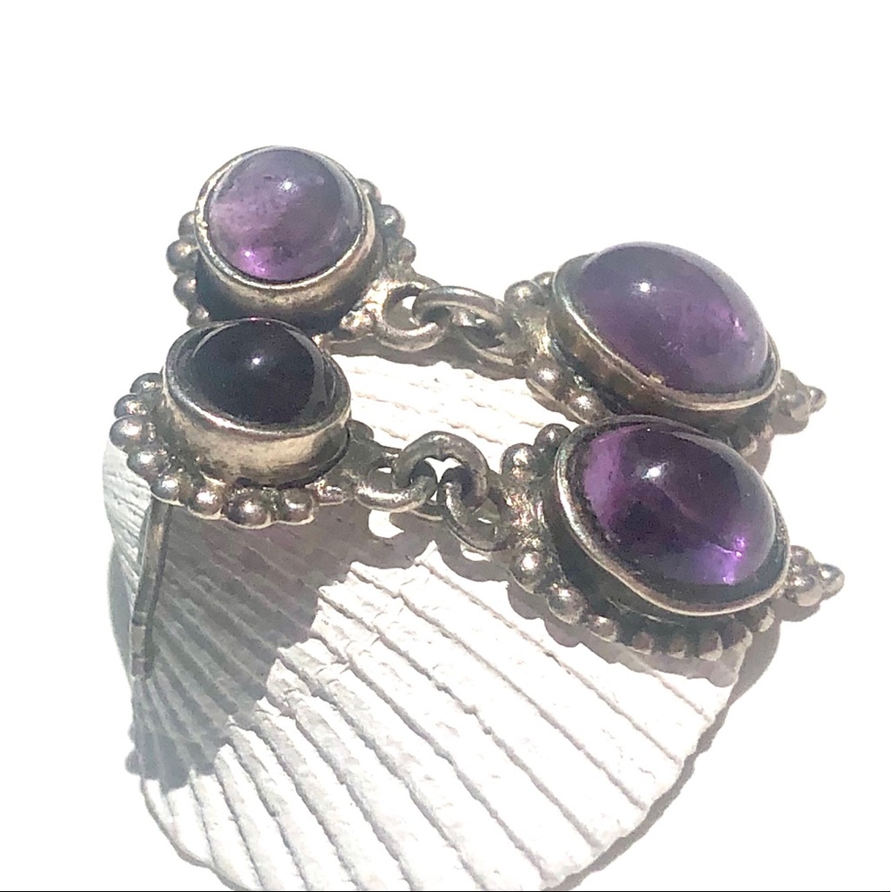 Sterling Silver Amethyst 2 Stone Drop Earrings - Picture 5 of 5